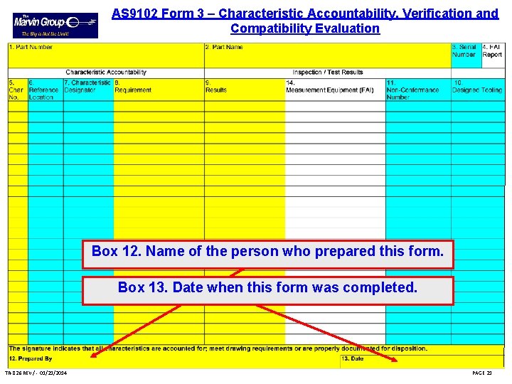 AS 9102 Form 3 – Characteristic Accountability, Verification and Compatibility Evaluation Box 12. Name AS 9102 Form 3 – Characteristic Accountability, Verification and Compatibility Evaluation Box 12. Name