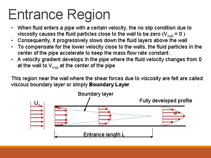 Entrance Region • When fluid enters a pipe with a certain velocity, the no