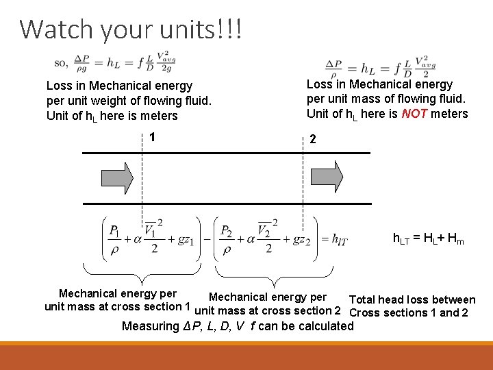 Watch your units!!! Loss in Mechanical energy per unit weight of flowing fluid. Unit