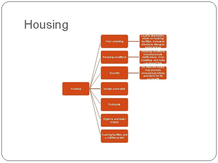 Housing Over crowding Sleeping conditions Security Housing Design and safety Pollutants Hygiene and water