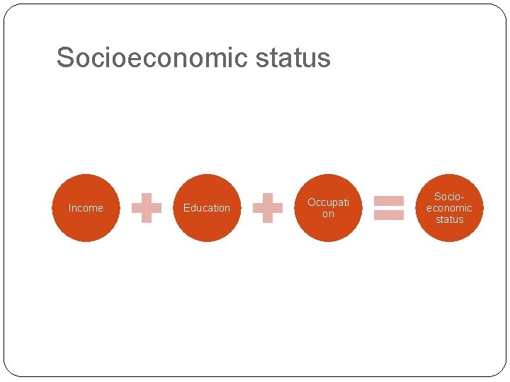 Socioeconomic status Income Education Occupati on Socioeconomic status 