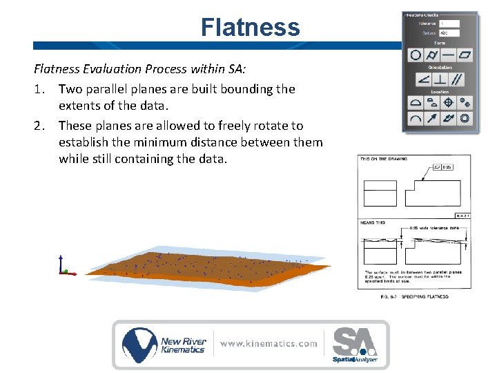 Flatness Evaluation Process within SA: 1. Two parallel planes are built bounding the extents Flatness Evaluation Process within SA: 1. Two parallel planes are built bounding the extents