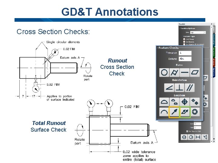 GD&T Annotations Cross Section Checks: Runout Cross Section Check Total Runout Surface Check GD&T Annotations Cross Section Checks: Runout Cross Section Check Total Runout Surface Check