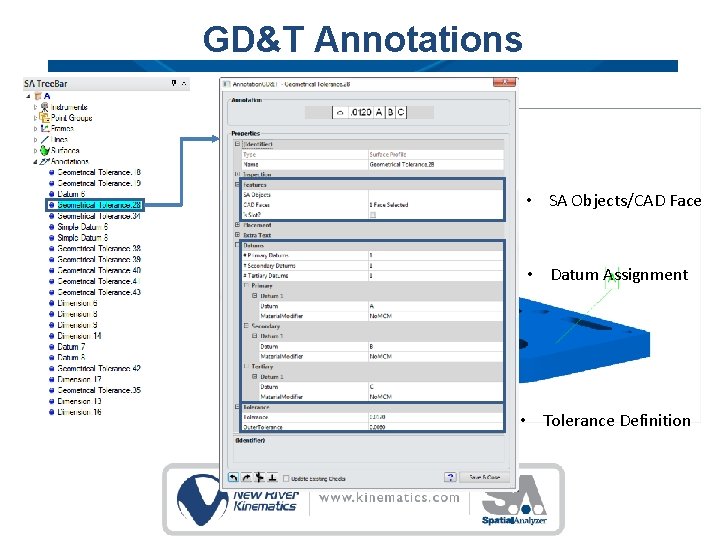 GD&T Annotations • SA Objects/CAD Face • Datum Assignment • Tolerance Definition GD&T Annotations • SA Objects/CAD Face • Datum Assignment • Tolerance Definition
