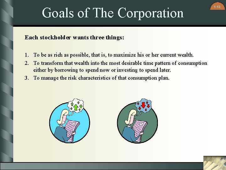 Goals of The Corporation Each stockholder wants three things: 1. To be as rich