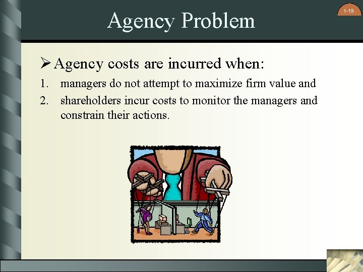 Agency Problem Ø Agency costs are incurred when: 1. managers do not attempt to