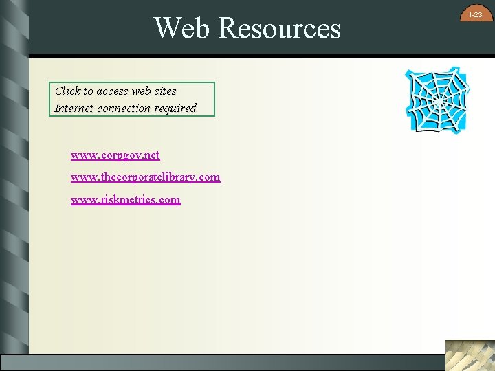 Web Resources Click to access web sites Internet connection required www. corpgov. net www.