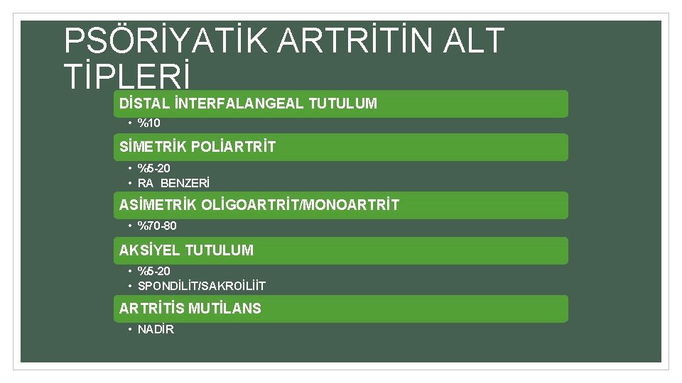 PSÖRİYATİK ARTRİTİN ALT TİPLERİ DİSTAL İNTERFALANGEAL TUTULUM • %10 SİMETRİK POLİARTRİT • %5 -20