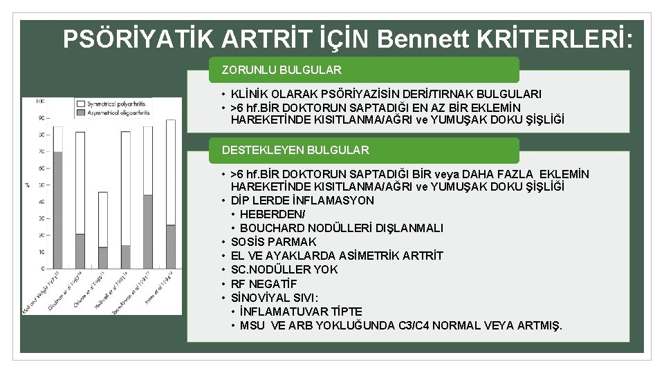 PSÖRİYATİK ARTRİT İÇİN Bennett KRİTERLERİ: ZORUNLU BULGULAR • KLİNİK OLARAK PSÖRİYAZİSİN DERİ/TIRNAK BULGULARI •