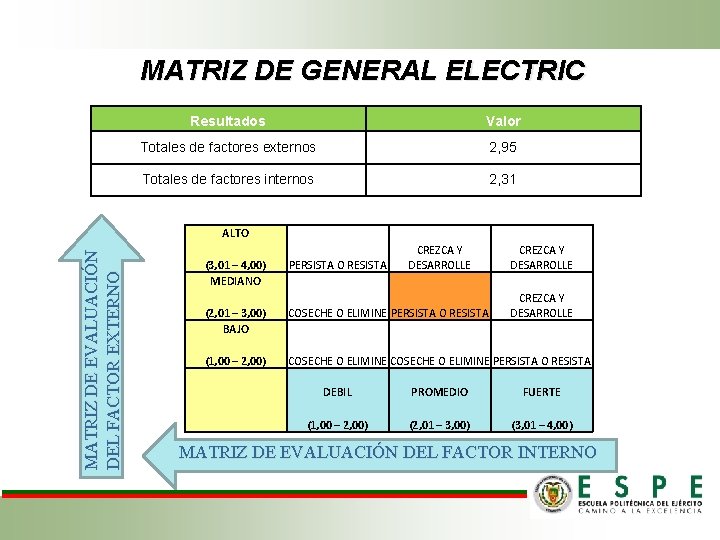MATRIZ DE GENERAL ELECTRIC Resultados Valor Totales de factores externos 2, 95 Totales de