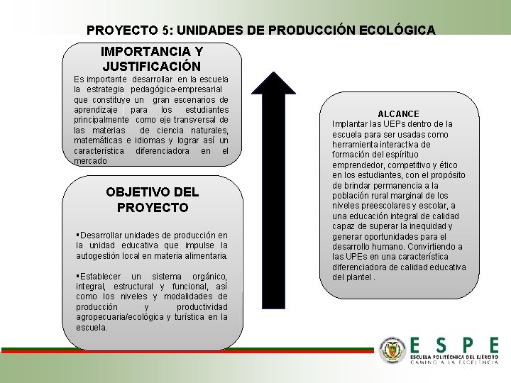 PROYECTO 5: UNIDADES DE PRODUCCIÓN ECOLÓGICA IMPORTANCIA Y JUSTIFICACIÓN Es importante desarrollar en la