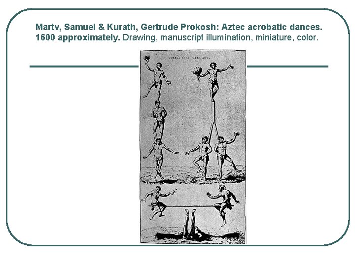 Martν, Samuel & Kurath, Gertrude Prokosh: Aztec acrobatic dances. 1600 approximately. Drawing, manuscript illumination,