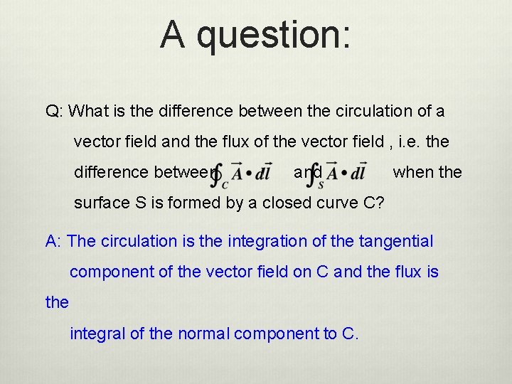 A question: Q: What is the difference between the circulation of a vector field