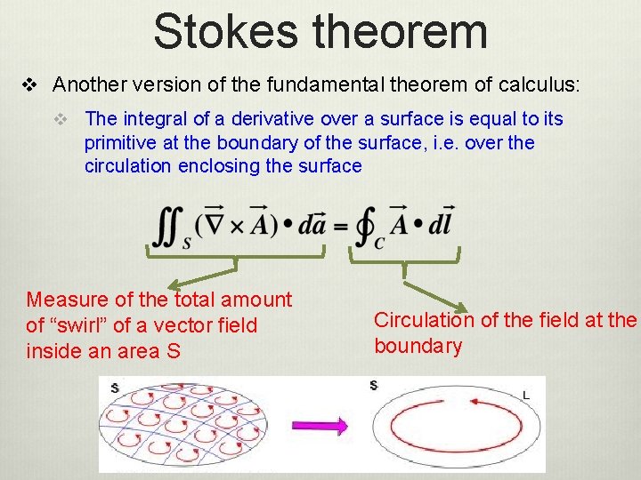 Stokes theorem v Another version of the fundamental theorem of calculus: v The integral