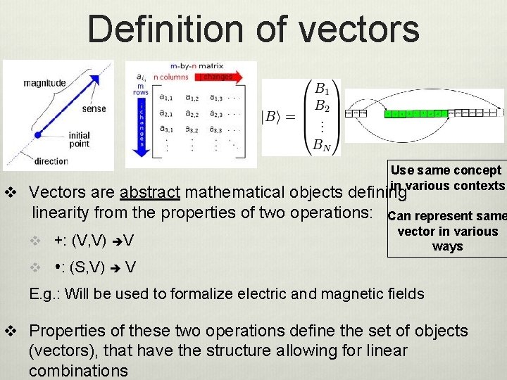 Definition of vectors Use same concept in various contexts v Vectors are abstract mathematical