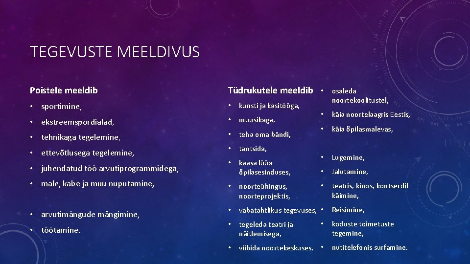 TEGEVUSTE MEELDIVUS Poistele meeldib Tüdrukutele meeldib • • sportimine, • kunsti ja käsitööga, •