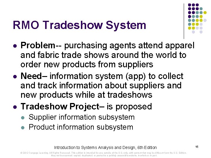 RMO Tradeshow System l l l Problem-- purchasing agents attend apparel and fabric trade