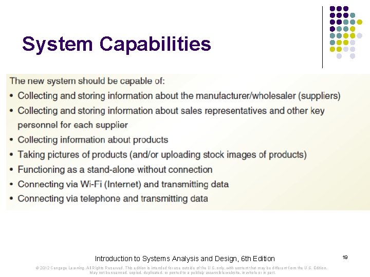 System Capabilities Introduction to Systems Analysis and Design, 6 th Edition © 2012 Cengage