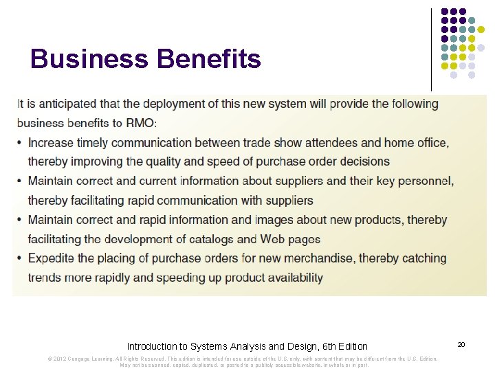 Business Benefits Introduction to Systems Analysis and Design, 6 th Edition © 2012 Cengage