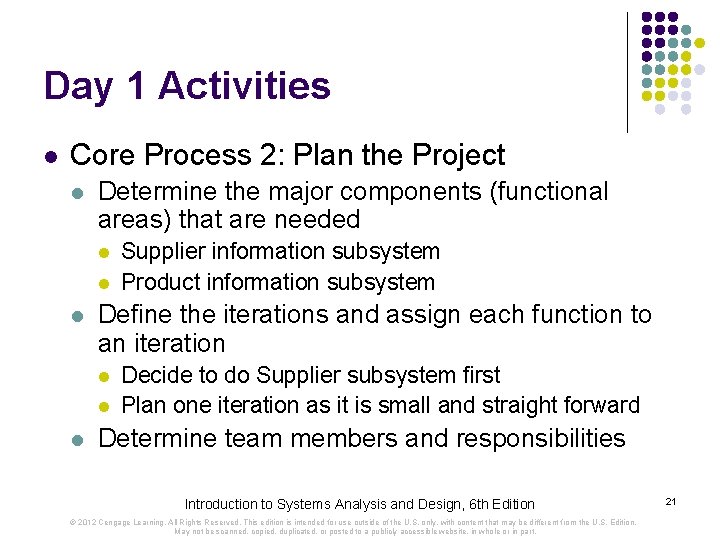 Day 1 Activities l Core Process 2: Plan the Project l Determine the major