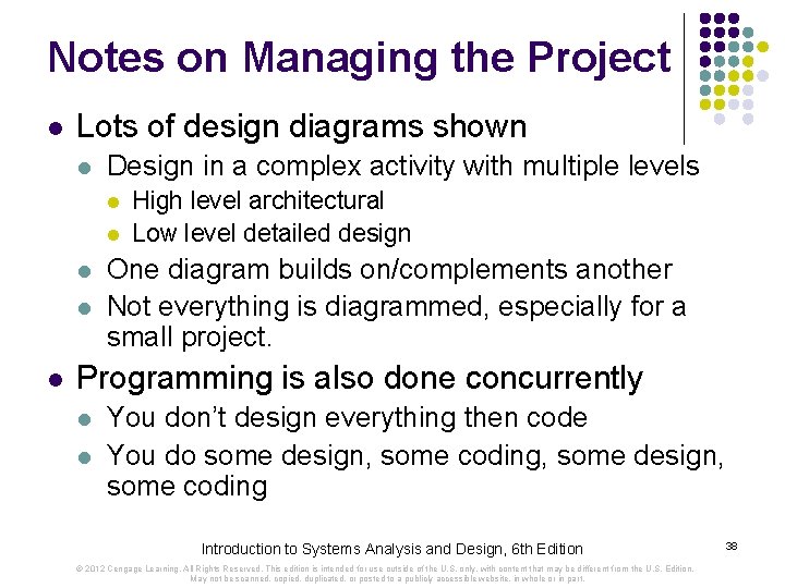 Notes on Managing the Project l Lots of design diagrams shown l Design in