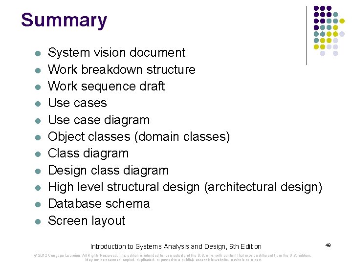 Summary l l l System vision document Work breakdown structure Work sequence draft Use