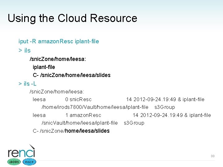 Using the Cloud Resource iput -R amazon. Resc iplant-file > ils /snic. Zone/home/leesa: iplant-file
