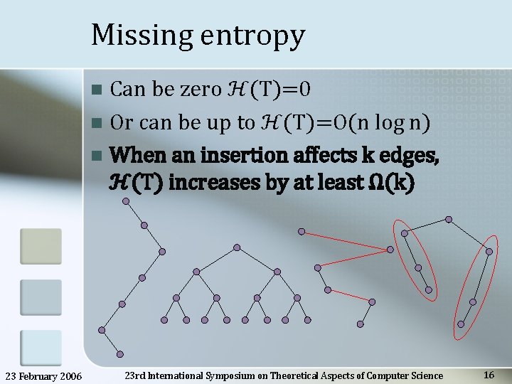 Missing entropy Can be zero ℋ(T)=0 n Or can be up to ℋ(T)=O(n log