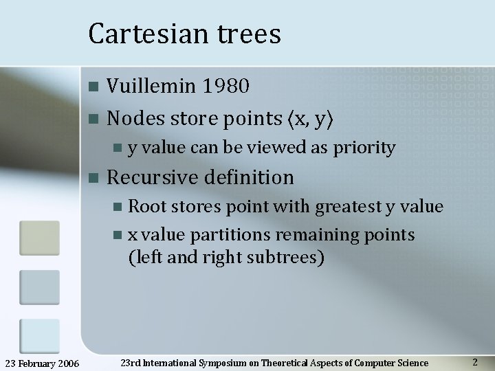 Cartesian trees Vuillemin 1980 n Nodes store points 〈x, y〉 n n n y