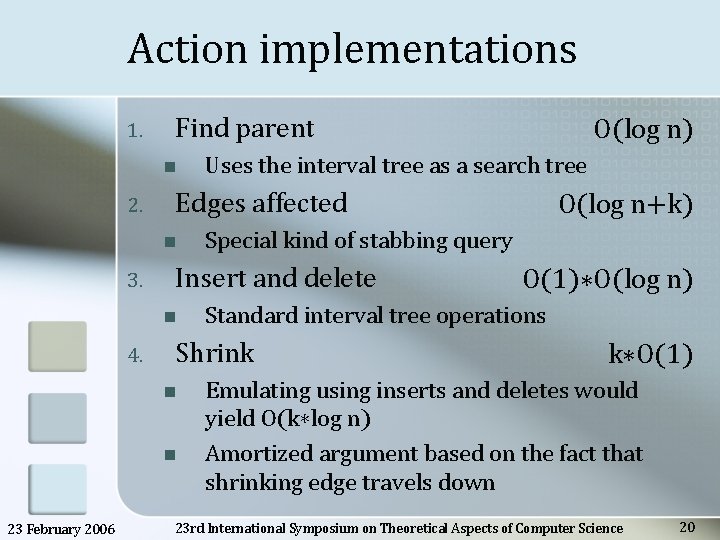 Action implementations 1. Find parent n 23 February 2006 O(1)∗O(log n) Standard interval tree