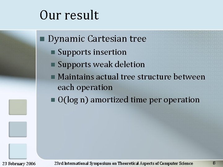 Our result n Dynamic Cartesian tree Supports insertion n Supports weak deletion n Maintains