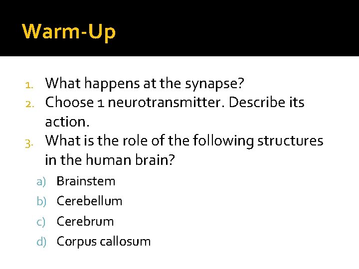 Warm-Up What happens at the synapse? Choose 1 neurotransmitter. Describe its action. 3. What