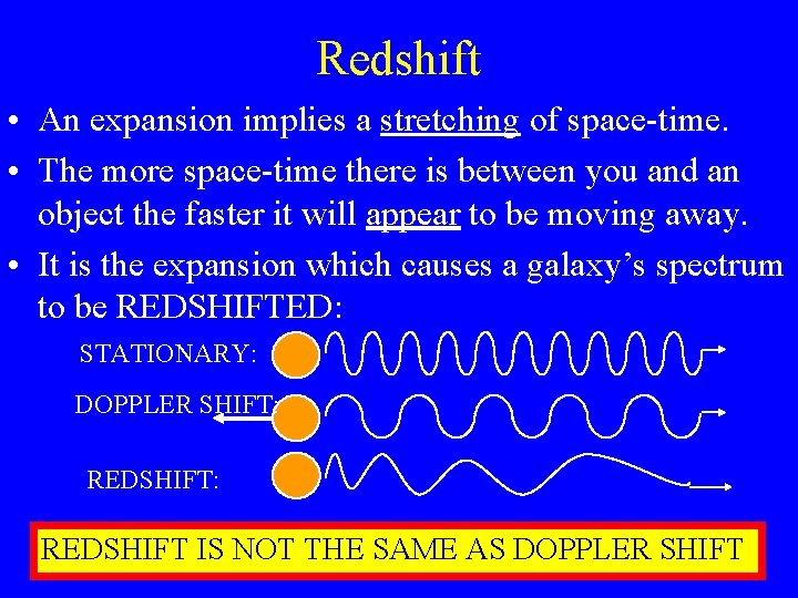 Redshift • An expansion implies a stretching of space-time. • The more space-time there