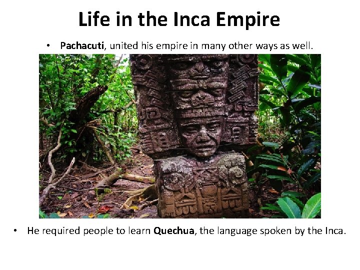 Life in the Inca Empire • Pachacuti, united his empire in many other ways