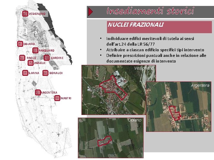 Insediamenti storici VESIGNANO NUCLEI FRAZIONALI • OBIANO PASQUARO PAGLIE CARDINE PRAGLIE • • Individuare