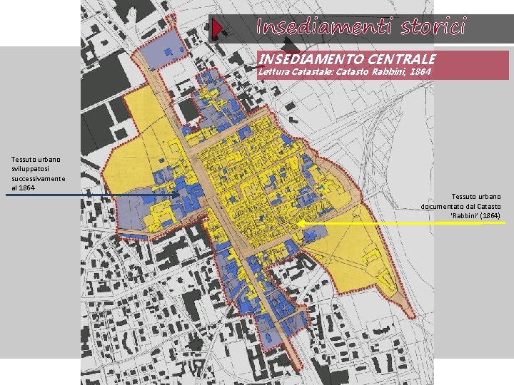 Insediamenti storici INSEDIAMENTO CENTRALE Lettura Catastale: Catasto Rabbini, 1864 Tessuto urbano sviluppatosi successivamente al