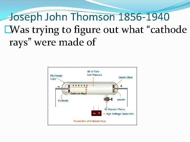 Joseph John Thomson 1856 -1940 �Was trying to figure out what “cathode rays” were