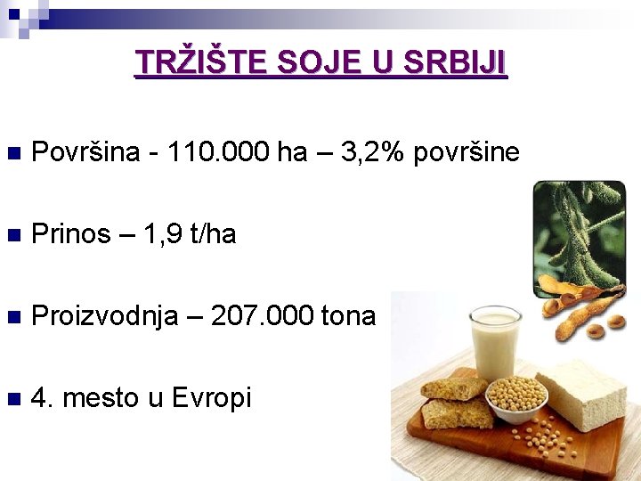 TRŽIŠTE SOJE U SRBIJI n Površina - 110. 000 ha – 3, 2% površine