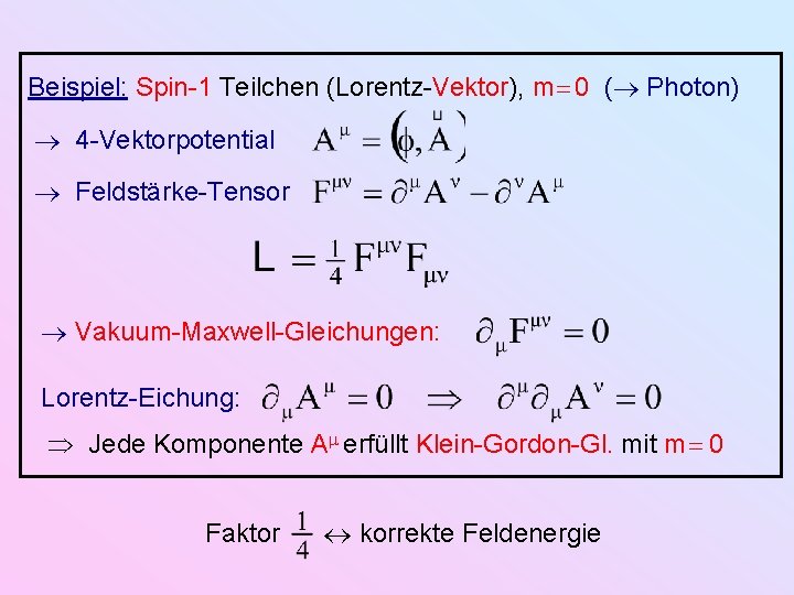 Beispiel: Spin-1 Teilchen (Lorentz-Vektor), m 0 ( Photon) 4 -Vektorpotential Feldstärke-Tensor Vakuum-Maxwell-Gleichungen: Lorentz-Eichung: Jede