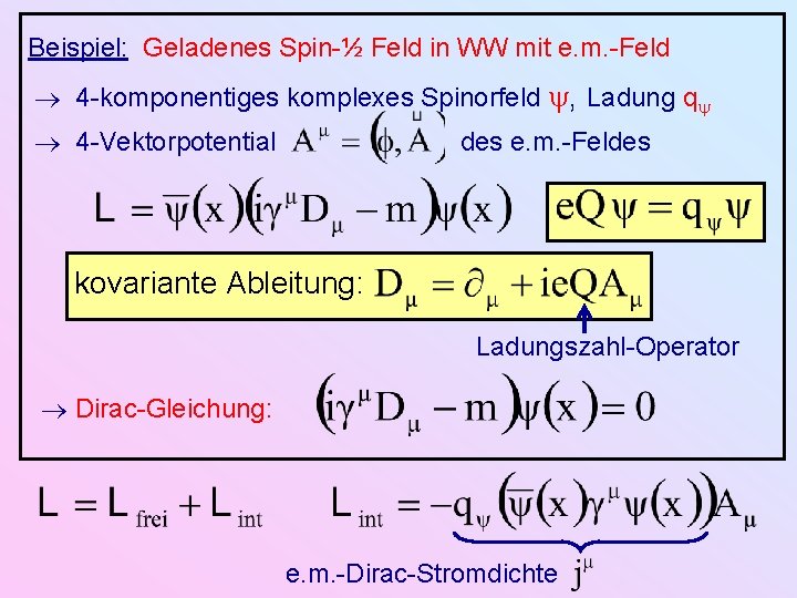 Beispiel: Geladenes Spin-½ Feld in WW mit e. m. -Feld 4 -komponentiges komplexes Spinorfeld Beispiel: Geladenes Spin-½ Feld in WW mit e. m. -Feld 4 -komponentiges komplexes Spinorfeld