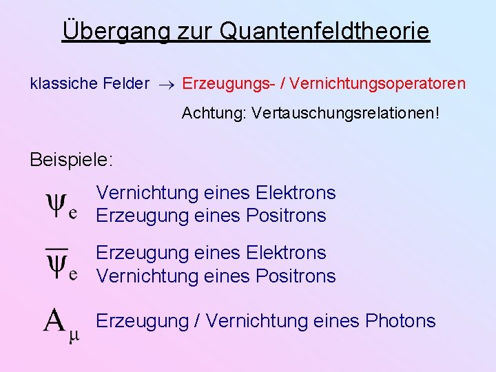 Übergang zur Quantenfeldtheorie klassiche Felder Erzeugungs- / Vernichtungsoperatoren Achtung: Vertauschungsrelationen! Beispiele: Vernichtung eines Elektrons Übergang zur Quantenfeldtheorie klassiche Felder Erzeugungs- / Vernichtungsoperatoren Achtung: Vertauschungsrelationen! Beispiele: Vernichtung eines Elektrons