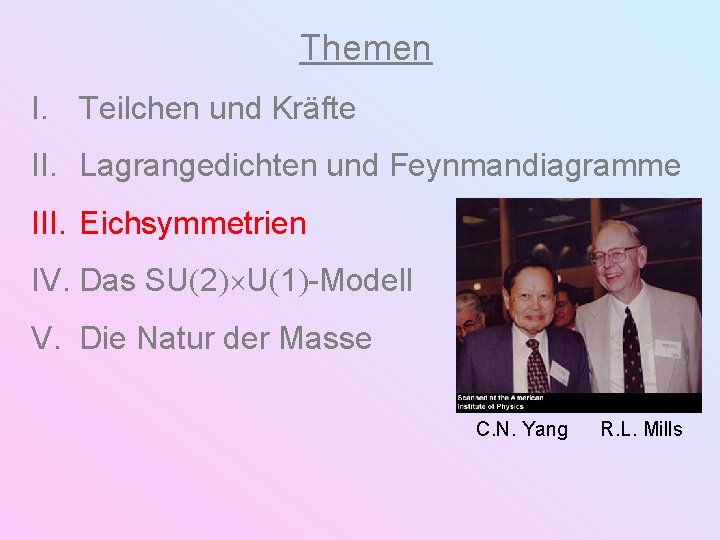 Themen I. Teilchen und Kräfte II. Lagrangedichten und Feynmandiagramme III. Eichsymmetrien IV. Das SU