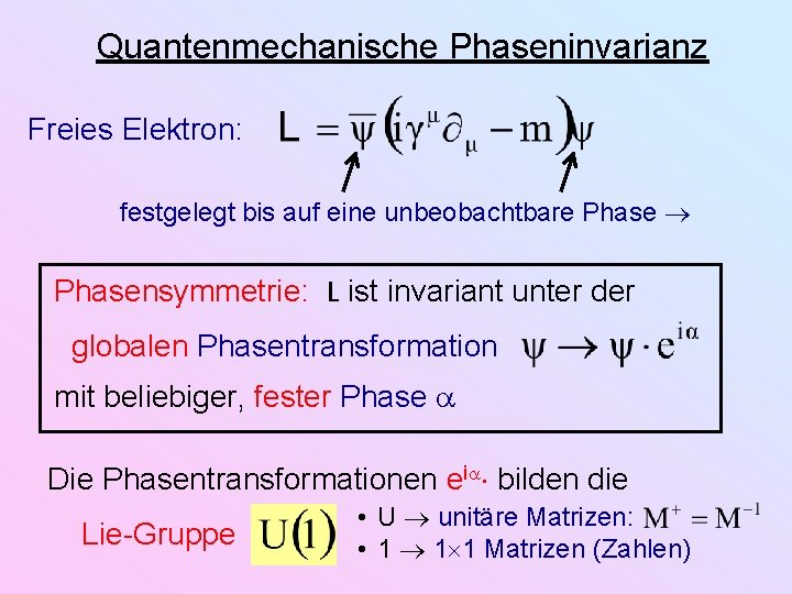 Quantenmechanische Phaseninvarianz Freies Elektron: festgelegt bis auf eine unbeobachtbare Phasensymmetrie: L ist invariant unter