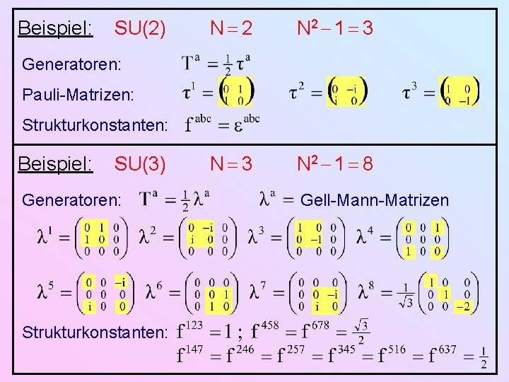 Beispiel: SU(2) N 2 1 3 N 2 1 8 Generatoren: Pauli-Matrizen: Strukturkonstanten: Beispiel: