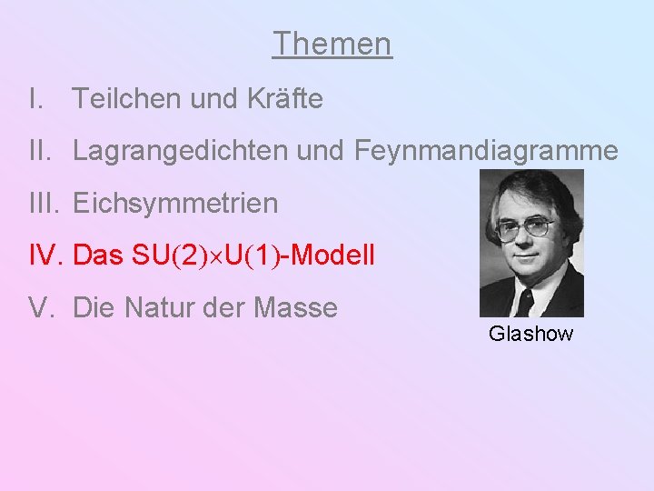 Themen I. Teilchen und Kräfte II. Lagrangedichten und Feynmandiagramme III. Eichsymmetrien IV. Das SU