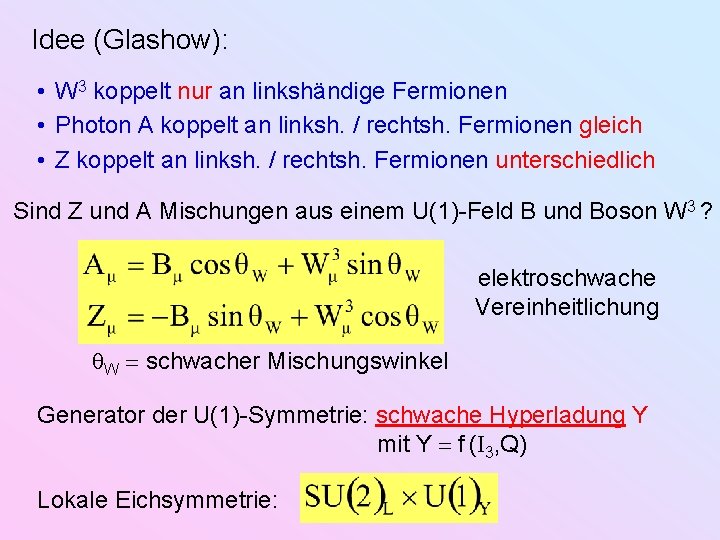 Idee (Glashow): • W 3 koppelt nur an linkshändige Fermionen • Photon A koppelt Idee (Glashow): • W 3 koppelt nur an linkshändige Fermionen • Photon A koppelt