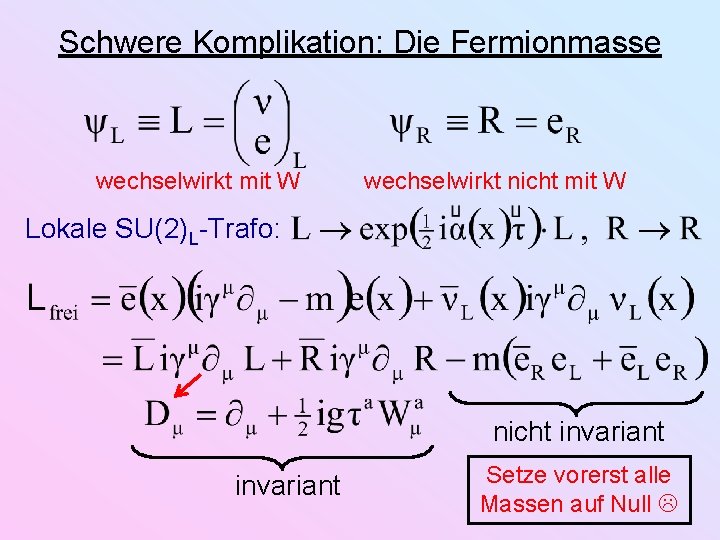 Schwere Komplikation: Die Fermionmasse wechselwirkt mit W wechselwirkt nicht mit W Lokale SU(2)L-Trafo: nicht