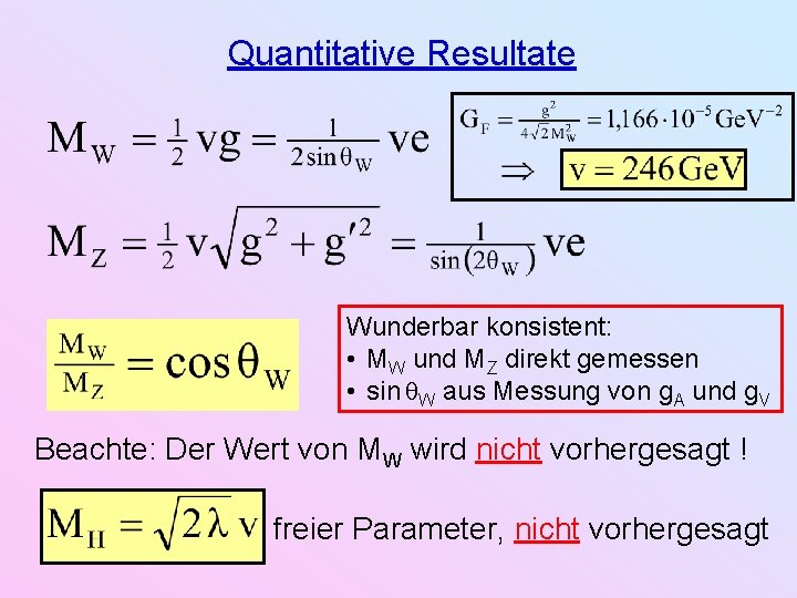 Quantitative Resultate Wunderbar konsistent: • MW und MZ direkt gemessen • sin W aus Quantitative Resultate Wunderbar konsistent: • MW und MZ direkt gemessen • sin W aus