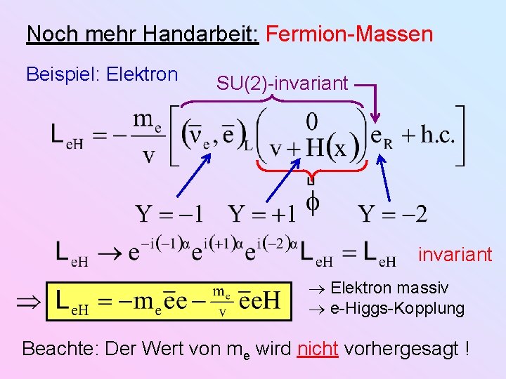 Noch mehr Handarbeit: Fermion-Massen Beispiel: Elektron SU(2)-invariant Elektron massiv e-Higgs-Kopplung Beachte: Der Wert von