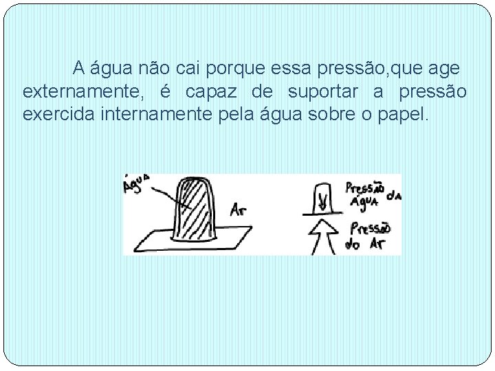 A água não cai porque essa pressão, que age externamente, é capaz de suportar A água não cai porque essa pressão, que age externamente, é capaz de suportar